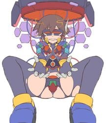 1girls aile bodysuit brain_rewiring breasts brown_hair capcom corruption cyborg damaged_clothes hacking mega_man mega_man_zx mind_rape semikichi solo tagme tech_control thong underwear