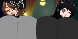 ass_to_ass beanie black_hair black_pants brown_eyes brown_hair fat_thighs gacha gacha_club grey_pants headphones indoors jade_(unknonw11) long_hair moon night one_eye_closed open_mouth red_eyes unknonw11 white_skin