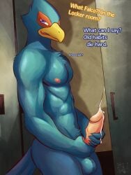 2025 absurd_res anthro arm_tuft ass athletic athletic_male avian ball_tuft balls beak big_penis bird blue_body blue_eyes blue_feathers bodily_fluids both_hands_on_penis chest_tuft cum cum_on_hand cum_on_penis cum_string detailed_background dialogue digital_media_(artwork) english_text falco_lombardi falcon falconid feathers genital_fluids genitals hand_on_penis head_tuft hi_res looking_at_viewer male masturbation muscular muscular_male nintendo nipples orgasm penis pubes red_body red_feathers shaded shoulder_tuft signature solo star_fox text tuft ventkazemaru yellow_beak