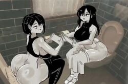 background bathroom big_thighs dirty_toilet dubbed_version fart_contest greyscale gym_clothes hotramenaudious implied_scat leshawk medium_breasts no_panties onomatopoeia pants_down pants_pulled_down playing_videogame scat shiny_skin small_hair sweaty_body sweaty_butt tagme thedrifter91 video ying_(thedrifter91) yuki_(thedrifter91)