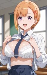 1girls ai_generated bra breasts female mieruko-chan shirt_open smile undressing yurikawa_hana