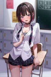 1girls bike_shorts bike_shorts_under_skirt black_choker black_hair black_hairband black_shorts blush breasts chigusa_minori choker classroom cleavage collared_shirt commentary corrupted_twitter_file desk hairband highres indoors large_breasts looking_at_viewer multicolored_hair necktie parted_lips pleated_skirt purple_eyes purple_hair school_uniform schoolgirl shino_to_ren shirayuki_ren shirt short_sleeves shorts shorts_under_skirt skirt standing striped_necktie thighhighs translated white_shirt