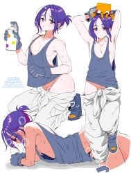 1boy absurdres arms_up artist_name blue_hair blue_tank_top blush breath commentary_request english_text gloves gundam gundam_gquuuuuux highres holding_spray_can kneeling male_focus multicolored_hair multiple_views nagano_rira nipple_slip nipples nose_blush otoko_no_ko pants parted_lips penis penis_slip ponytail purple_hair red_eyes robot shoes short_ponytail shuji_ito simple_background sleeveless spray_can sweat tank_top trembling twitter_username white_background white_pants