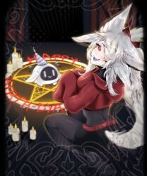 animal_ears dya_rikku_(vtuber) female hair_over_one_eye hood hood_down hoodie letterboxed long_hair looking_at_viewer oerba_yun_fang one_eye_closed open_mouth ponytail red_eyes sitting sleeves_past_wrists smile solo teeth vyugen white_hair