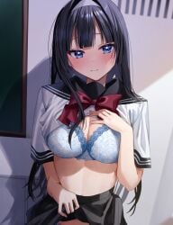 1girls ano_ko_no_oppai_kara_douni_mo_me_ga_hanasenai_anthology_comic black_hair black_sailor_collar black_skirt blue_bow blue_bowtie blue_bra blue_eyes blue_panties blush bow bowtie bra breasts chigusa_minori classroom cleavage clothes_lift comic_cover commentary_request embarrassed hairband hand_on_own_chest highres indoors large_breasts lifting_own_clothes long_hair looking_at_viewer medium_breasts official_art panties sailor_collar school_uniform serafuku shirt_lift skirt skirt_hold skirt_lift solo standing textless_version underwear upper_body