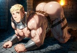 ai_generated arched_back arm_up armor ass ass_focus ass_up bara big_ass big_biceps big_butt big_pecs bubble_ass bubble_butt bulge butt_focus chainmail delicious_in_dungeon dungeon_meshi harness laios_touden looking_at_viewer male male_focus male_only man_boobs muscles muscular muscular_arms muscular_legs muscular_male muscular_thighs obliques power_bottom revealing_clothes revealing_outfit skimpy_armor smiling smooth_skinned_male wink yaoi