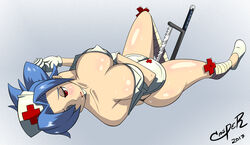 blue_hair blush casper_(artist) huge_breasts nurse red_eyes skullgirls sweat thong valentine_(skullgirls)