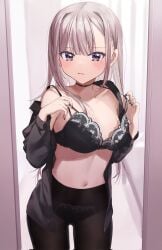 1girls black_bra black_choker black_nails black_pantyhose black_shirt blush bra breasts chigusa_minori choker commentary_request corrupted_twitter_file grey_hair highres indoors kokoro_iroduku_koi_ga_shitai kurosu_owari lace-trimmed_bra lace-trimmed_panties lace_trim long_hair long_sleeves looking_at_viewer midriff mole mole_under_eye nail_polish navel no_pants open_clothes open_shirt oversized_breast_cup panties panties_under_pantyhose pantyhose purple_eyes shirt small_breasts solo standing underwear undressing