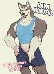 anthro athletic_wear big_arms big_pecs black_nose body_hair bottomwear bottomwear_pull canid canine canis claws clothing clothing_pull domestic_dog english_text finger_claws fur gay_for_pay genitals grey_body grey_fur gym_bottomwear gym_shorts happy_trail heterochromia hi_res husky jrjresq looking_at_viewer male mammal multicolored_body multicolored_fur muscular muscular_anthro muscular_male nipples nordic_sled_dog pecs penis penis_base porn_star pornography shirt shorts shorts_pull simple_background solo spitz tank_top text tongue tongue_out topwear two_tone_body two_tone_fur white_body white_fur