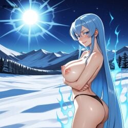 ai_generated aura crossing_arms dtkai esdeath_(akame_ga_kill!) huge_ass huge_breasts looking_at_viewer mountains nipples outside seductive_smile snow sun thongs topless winter