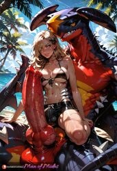ai_generated beach black_bikini blonde_hair blush canine_genitalia canine_penis cynthia_(pokemon) flaccid flaccid_penis futanari garchomp huge_cock large_breasts makeup manofmidas penis pokemon pokemon_on_female pokemon_oras pokemon_rse pokephilia size_comparison size_difference yellow_eyes