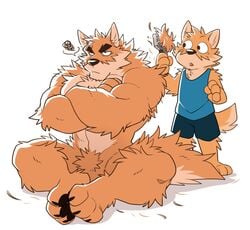 2017 3_toes 4_fingers annoyed anthro barefoot black_claws blue_clothing canine claws clothed clothing crossed_arms digital_media_(artwork) duo feet_together fur fur_tuft hairbrush male male_only mammal nude pawpads paws pubes shirt shocked shorts simple_background sitting takemoto_arashi tank_top toe_claws toes tuft