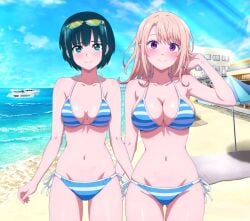 2girls bare_legs bare_shoulders blonde_hair blue_eyes blue_hair botan_nagatsuki cleavage kawai_mona kuroiwa_medaka_ni_watashi_no_kawaii_ga_tsuujinai large_breasts long_hair looking_at_viewer medium_breasts monogatari_(series) short_hair standing string_bikini striped_bikini