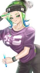 1girls beanie black_pants breasts female green_eyes green_hair large_breasts lewa_nn looking_at_viewer mev_(mevlingo) nintendo octoling octoling_girl pants purple_shirt shirt short_hair short_sleeves splatoon tentacle_hair test_tube