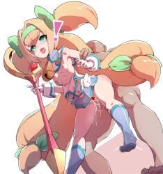 1boy 1girls ahe_gao bent_over blazblue blonde_hair blush breasts censored cum cum_inside doggy_style gloves green_eyes heart-shaped_pupils long_hair magical_girl on_table open_mouth platinum_the_trinity sex simple_background size_difference skirt small_breasts socks staff symbol-shaped_pupils thighs white_background
