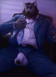 2024 allmand52 anthro balls barazoku beard belly belly_hair black_glans body_hair bottomwear brown_eyes brown_hair canid canine canis chair chest_hair clothed clothing collared_shirt dress_shirt facial_hair flaccid fly_open foreskin front_view furniture genitals glans grin grinning_at_viewer hair hi_res looking_at_viewer male male/male mammal manly mature_anthro mature_male moustache musclegut muscular muscular_anthro muscular_male necktie open_bottomwear open_clothing open_pants open_shirt open_topwear overweight overweight_anthro overweight_male pants pecs penis penis_poking_out penis_through_fly rey_(mezemer) shirt sitting slightly_chubby smile spread_legs spreading suit_jacket topwear undoing_clothing undressing vein veiny_penis white_hair white_penis wolf