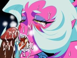 after_fellatio censored cum demon_girl erection female mosaic_censoring open_mouth panty_&_stocking_with_garterbelt penis pink_skin scanty_daemon semen semen_in_mouth sharp_teeth tears tongue_out white_hair yellow_eyes