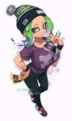 1girls artist_name beanie black_hat black_pants blue_hair breasts closed_mouth collarbone commentary drink drink_bag drinking drinking_straw drinking_straw_in_mouth full_body gradient_hair green_eyes green_hair hand_on_own_hip hat highres holding holding_drink holding_ticket jinkoika large_breasts medium_hair mev_(mevlingo) multicolored_hair nintendo octoling octoling_girl octoling_player_character pants parted_bangs pom_pom_(clothes) pom_pom_beanie purple_shirt shirt shoes short_sleeves sneakers solo splatoon standing standing_on_one_leg sweatband t-shirt tentacle_hair ticket two-tone_hair white_shoes wristband