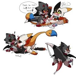 absurd_res anal astra_lupus bandai_namco black_body blush bodily_fluids bottle calico_pattern cel_shading claws collar container cum dialogue digimon digimon_(species) duo fangs fellatio frou'lico gammamon genital_fluids genitals gumdramon hi_res lube male male/male masturbation oral orgasm penetration penile penis sex shaded simple_background sinfrou slit_penis tail tail_fetish tail_masturbation tail_play teeth tricolor tusks white_background wings