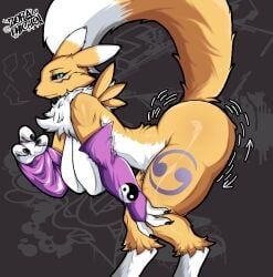 anthro ass barefoot bent_over big_breasts black_nose black_sclera breasts closed_mouth color digimon female female_focus female_only full_body fur furry furry_ass furry_breasts furry_ears furry_female furry_only furry_tail large_breasts looking_at_viewer nude open_eyes phic_zora pointy_ears renamon side_view solo solo_female solo_focus tail white_fur yellow_fur