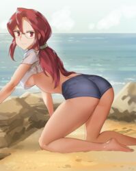 1girls all_fours ass beach breasts crop_top dat_ass elite_four female glasses hair_tie human human_only kneeling lorelei_(pokemon) lorelei_(pokemon_frlg) pointy_chin pokemon pokemon_frlg pokemon_lgpe pokemon_rgby ponytail red_eyes red_hair sand sendrawz short_shorts solo thighs underboob