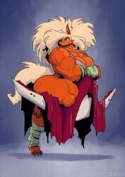 80s_clothing 80s_hair annapuma anthro blonde_hair breasts dominion_tank_police huge_breasts jolly_jack jollyjack muscular muscular_female tan_body tan_skin transformation unipuma werewolf