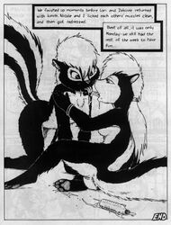 black_and_white comic ear_piercing female fur james_m_hardiman kissing mammal messy monochrome nicole_(jmh) nude onyx_(jmh) piercing pussy pussy_juice saliva skunk tongue traditional_media_(artwork) vaginal_penetration yuri