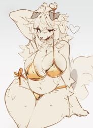 1girls anthro bikini female female_only fluffy furry furry_female furry_only genderswap_(mtf) gold_bikini golden_bikini goobysart heart jordyn_(goobysart) large_tail looking_at_viewer nefmau one_eye_closed rule_63 simple_background sitting string_bra tan_fur thighs