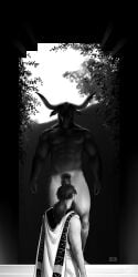 1:2 2025 abs anthro asterion balls beard bgn biceps bovid bovine casual_nudity cattle clothed clothing deltoids duo european_mythology facial_hair feet flaccid front_view genitals greek_mythology hair hi_res horn human male male/male mammal manly minotaur monochrome muscular muscular_arms muscular_legs muscular_thighs mythology nipples nude obliques pecs penis plant ponytail pubes rear_view standing strategically_covered theseus triceps vein veiny_penis