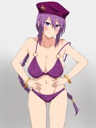 1girls beret big_breasts blush bra braid braided_ponytail breasts busty cleavage confident female female_only hands_on_hips hat highres large_breasts legs long_hair looking_at_viewer navel panties pose posing purple_bra purple_eyes purple_hair purple_panties sensual sexy sexy_pose sideboob sion_eltnam_atlasia smile solo thighs tsukihime underwear voluptuous