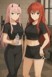 2d 2d_(artwork) 2girls ai_generated bangs bare_legs belly blue_eyes collarbone crop_top darling_in_the_franxx female gym gym_clothes gym_clothing gym_uniform high_school_dxd holding_object horns hourglass_figure leggings legs light-skinned_female light_skin long_hair long_legs looking_at_viewer midriff navel pink_hair pose red_hair rias_gremory shirt shorts slender_legs slim_waist sportswear standing straight_hair sweat thighs water_bottle wide_hips zero_two_(darling_in_the_franxx)