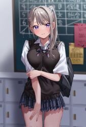 1girls bag black_bag black_sweater_vest blue_eyes blue_skirt blush breasts chalkboard chigusa_minori closed_mouth collared_shirt commentary_request corrupted_twitter_file cowboy_shot grey_hair hair_ornament highres indoors large_breasts legs_together long_hair looking_at_viewer miniskirt pleated_skirt saotome_shino_(shino_to_ren) school_uniform shino_to_ren shirt short_sleeves shoulder_bag side_ponytail skirt solo standing sweater_vest thighs white_shirt