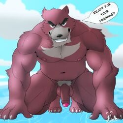 1:1 abs all_fours anthro balls bear belly biceps bodily_fluids dialogue digital_media_(artwork) dripping english_text feet foreskin fur genital_fluids genitals half-erect hi_res humanoid_genitalia humanoid_penis kumatetsu leaking_precum looking_at_viewer male mammal muscular muscular_anthro muscular_male narrowed_eyes navel nipples nude overweight overweight_anthro overweight_male partially_retracted_foreskin pecs penis precum precum_drip seductive simple_background smile solo speech_bubble teeth text the_boy_and_the_beast toes yetsu