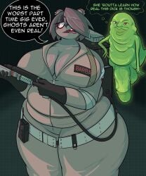 anthro balls barbara_(behniis) bear behniis belly belt big_breasts breasts cleavage clothed clothing coveralls dialogue ear_piercing electronics english_text female flaccid floating genitals ghostbusters green_body hair hair_over_eye hi_res instant_loss_2koma lips looking_at_viewer male mammal name_tag penis piercing proton_pack red_eyes slightly_chubby slimer speech_bubble standing teeth text thick_lips tight_clothing tongue vein veiny_penis walkie-talkie wide_hipped_female wide_hips zipper_pull_tab