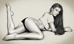1girls actress ass black_and_white brown_hair celebrity crop_top fat_ass female human idrawnudeladies long_hair millie_bobby_brown monochrome on_stomach one_leg_up panties pinup real_person realistic side_view sketch solo young younger_female