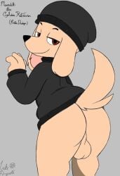 absurd_res anthro ass balls bird_dog canid canine canis clothed clothing digital_media_(artwork) domestic_dog fartsniffer69 fur genitals golden_retriever hi_res hunting_dog looking_at_viewer male mammal maverick nude presenting presenting_hindquarters raised_tail retriever simple_background smile solo tail text
