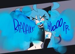 armpit_hair blue_eyes blue_hair blue_mouth burp burp_cloud burp_fetish burping decaiien exposed_midriff female female_focus female_only gassy gassy_female hatsune_miku onomatopoeia vocaloid