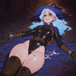 after_sex ai_generated bad_end blue_hair blush bondage captured collar cum_in_mouth cumming defeated defeated_heroine gwen leopard peril_reviwer revealing_clothes shackles skintight_clothing thighhighs wizard wizard_hat yellow_eyes