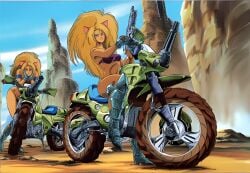 80s_clothing 80s_hair annapuma anthro big_hair bikini blonde_hair blue_eyes boots breasts desert dominion_tank_police feline gun metal_boots motorcycle unipuma