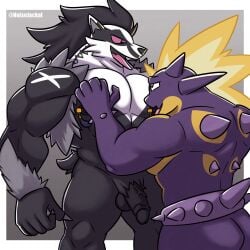 1:1 5_fingers amped_toxtricity anthro areola ass balls black_areola black_balls black_body black_fur black_glans black_nipples black_penis claws countershading duo electrical_hair electricity fingers foreskin fur generation_8_pokemon genitals glans half-erect hi_res holding_pecs humanoid_genitalia humanoid_penis licking looking_at_another looking_at_partner male male/male muscular muscular_anthro muscular_male nintendo nipple_fetish nipple_lick nipple_piercing nipple_play nipples noisejackal nude nude_anthro nude_male obstagoon open_mouth pec_grab pecs penis piercing pink_sclera pokemon pokemon_(species) pseudo_hair purple_body retracted_foreskin sex signature simple_background spikes spikes_(anatomy) standing standing_sex tail tongue tongue_out toxtricity vein veiny_penis white_body white_countershading white_fur yellow_body yellow_countershading