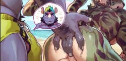 2025 anal anal_fingering anthro ass back_muscles beach black_hair blue_sky blush clothing day duo facial_horn felid fingering fingering_partner fur gradient_hair green_body green_clothing green_fur green_hair green_swimming_trunks green_swimwear grey_body grey_skin hair hi_res horn male male/male mammal multicolored_hair muscular muscular_anthro muscular_male nose_horn nude null-ghost oil oiled_butt outside pantherine rear_view rhinoceros sea sex sky smile striped_body striped_fur stripes swimming_trunks swimwear tail teal_hair tiger two_tone_hair water