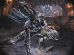 3d blue_genitals blue_nipples breasts breasts_out broken_armor dancer_of_the_boreal_valley dark_souls dark_souls_3 female female_focus female_only half-dressed half-naked helmet helmet_covering_face humanoid kneeling looking_at_viewer maxsterbrge monster_girl no_face plumpkinstem