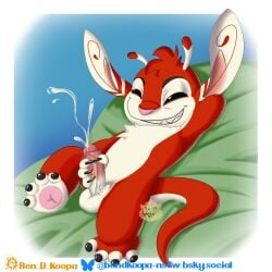 1boy 1male 1monster 2025 absurd_res antennae balls ben_d_koopa black_eyes clawed_fingers claws cum cumming cumshot digital_art digital_drawing_(artwork) digital_media_(artwork) experiment_(lilo_and_stitch) ferlo laying_down long_ears male male_only masturbation naked nude penis pink_nose red_body red_fur red_hair simple_background simple_shading smile smiling smiling_at_viewer smirk smirking smirking_at_viewer vein watermark white_fur