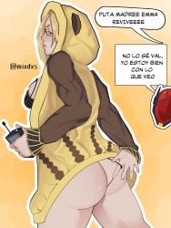 ass ass_focus back_view blonde_hair blood_strike bloodstrike breasts emma español ethan female gloves jacket lingerie mixdxs pajamas pijama pulling_thong text text_bubble thong vignette