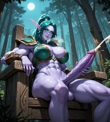 ai_generated armor blizzard_entertainment cum cumming dominant_futanari eogard_orc erection forest futa_only futa_sans_pussy futanari green_eyes green_hair heavy_breathing high_ponytail huge_cock masturbation night night_elf penis purple_body self_upload sitting sitting_on_chair stable_diffusion throbbing_penis tyrande_whisperwind video_game_character viewed_from_below world_of_warcraft