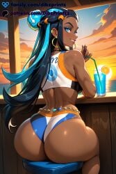 1girls ai ai_assisted ai_generated anime artist_name ass back bare_shoulders belly_chain bikini black_hair blue_eyes blue_eyeshadow blue_hair blue_nails blush breasts cloud crop_top cup dark-skinned_female dark_skin dibzprintz drink drinking_glass drinking_straw earrings eyeshadow fansly female food from_behind fruit gym_leader hair_bun hi_res high_quality high_resolution highres hoop_earrings huge_ass jewelry long_hair looking_at_viewer looking_back makeup median_furrow multicolored_hair nail_polish necklace nessa_(pokemon) nintendo ocean parted_lips patreon_logo patreon_username pokemon pokemon_swsh pokemon_trainer single_hair_bun sitting sky smile solo sports_bra sunset swimsuit tankini thighs two-tone_hair water watermark web_address