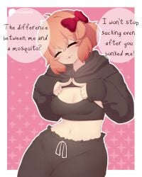 1girls accessory artist_name black_clothing blep border bow breasts cleavage closed_eyes clothed clothing coral_pink_hair cute cute_face doki_doki_literature_club english_text female fingers_together hair_accessory hair_ornament hairbow jacket joke light-skinned_female light_skin medium_breasts navel pants portrait raionart sayori_(doki_doki_literature_club) short_hair silly smile solo solo_female solo_focus speech_bubble sports_bra standing suggestive talking talking_to_viewer text thick_thighs thighs three-quarter_portrait tongue tongue_out white_border wide_hips