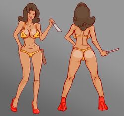 1girls big_breasts bikini brown_hair character_sheet cleavage commission curvy dark-skinned_female dark_skin dat_ass digitallydeviant erect_nipples evil_genius female female_only full_body gradient_background holding_weapon human knife long_hair mariana_mamba melee_weapon model_sheet nipple_bulge smile solo weapon yellow_bikini