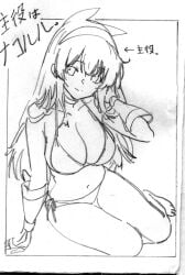1girls arm_behind_head arm_support barefoot big_breasts bikini breasts busty cleavage feet female female_only fingerless_gloves gloves highres japanese_text king_of_fighters large_breasts legs looking_at_viewer monochrome nakoruru navel pose posing samurai_shodown seductive seductive_look seductive_smile sensual sexy sexy_pose side-tie_bikini_bottom sitting sketch smile snk solo swimsuit thighs traditional_media translation_request voluptuous