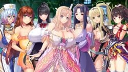 7girls bare_shoulders bedroom_eyes black_hair blonde_hair blue_hair breasts brown_hair castle castle_background cleavage cleavage_dress closed_mouth closed_mouth_smile clothed_female dark_blue_hair enormous_breasts enormous_tits female female_knight female_only flower game_cg gigantic_breasts gigantic_tits happy happy_eyes happy_face huge_breasts huge_tits hyper_breasts hyper_tits irina_yurizarenko isis_petrovna_ellenskaia joy kashima_hikari kyonyuu_fantasy kyonyuu_fantasy_gaiden kyonyuu_fantasy_gaiden_2 kyonyuu_fantasy_gaiden_2_after_-osutashia_no_yabou large_breasts large_tits long_hair long_hair_female luceria_von_diamante maou_ga_gendai_sekai_ni_tensei_shitara_oppai_o_medenakute_wa_naranaku_natta_ken married_woman massive_breasts massive_tits mature_female milk_factory momina_chichizaki moonstone_cherry motto!_haramase!_honoo_no_oppai_isekai_oppai_bunny_gakuen! multiple_girls nymph older_sister open_eyes platinum_blonde_hair pool poolside queen rokusaanu_do_dejiiru rose_(flower) roxanne_de_desir samurai_female school_uniform schoolgirl schoolgirl_uniform sex_open_world_e_youkoso! tiara tits tree valkyria_(studio) waffle_(company) yawato_iroha